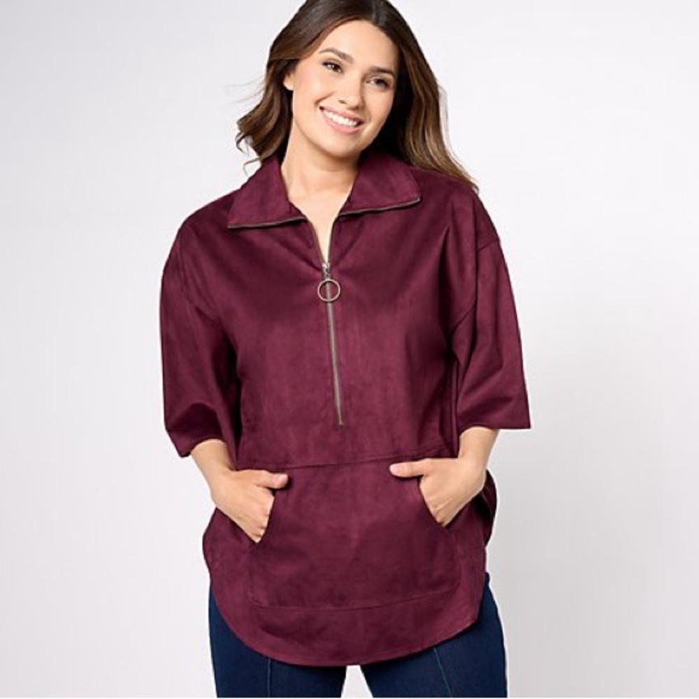 NEW Belle Boho by Kim Gravel Faux Suede Zip Front Retro Poncho, Medium